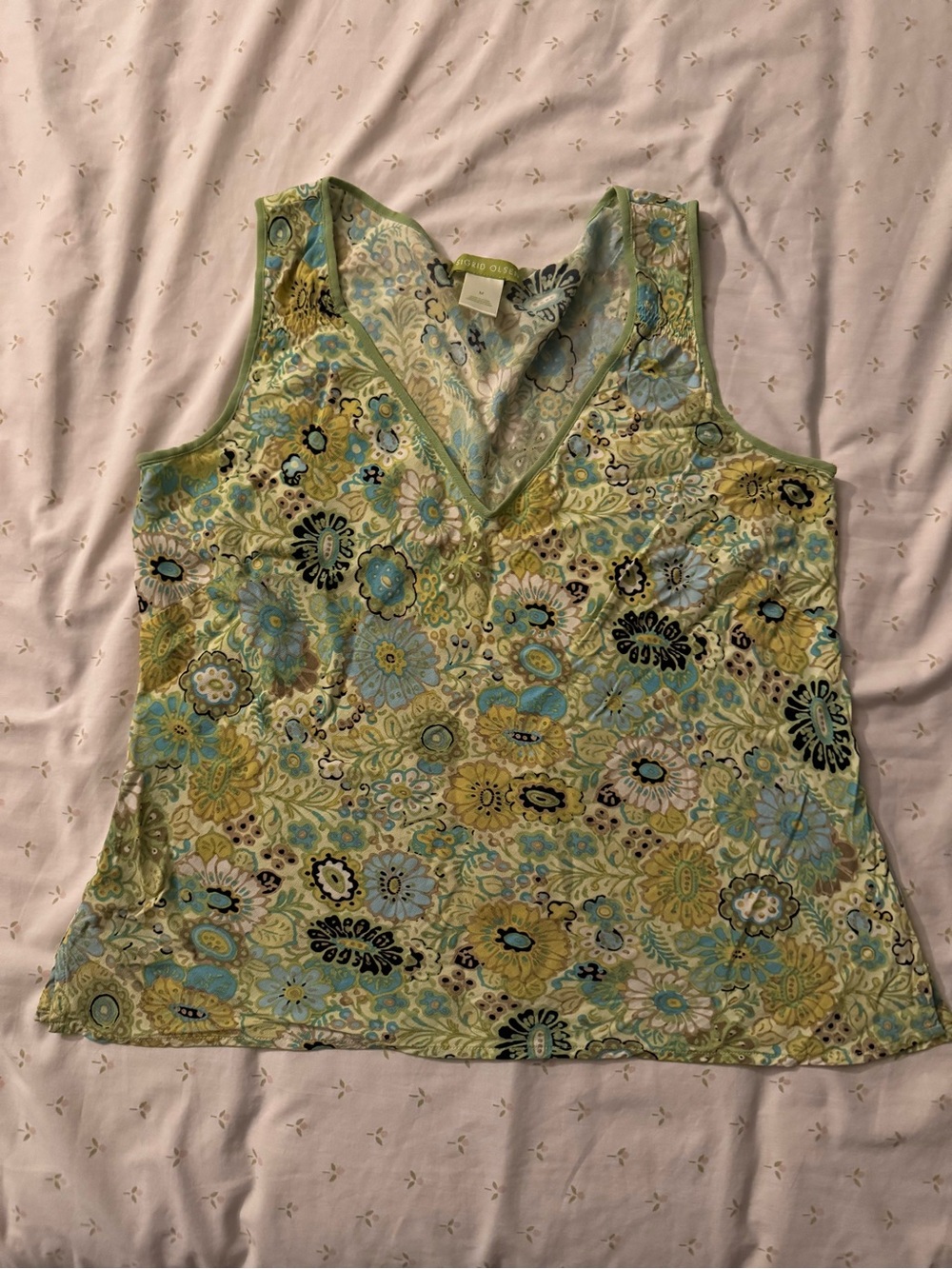 Sigrid Olsen Floral V-Neck Camisole in Green, Blue and Yellow